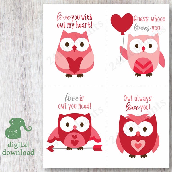 Printable Owl Valentine's Day Card Set | Pink and Red Owls | Cute Owl Valentines