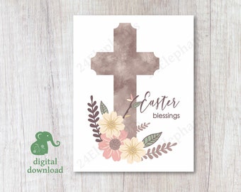 Printable 5x7 Easter Card | Easter Cross | Easter Blessings | Floral Cross | Spring