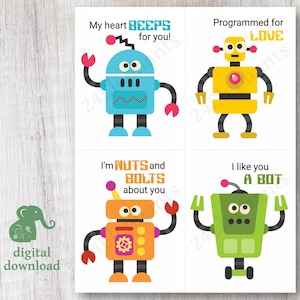 Printable Robot Valentine&#39;s Day Card Set | Blue Robot | Yellow Robot | Orange Robot | Green Robot