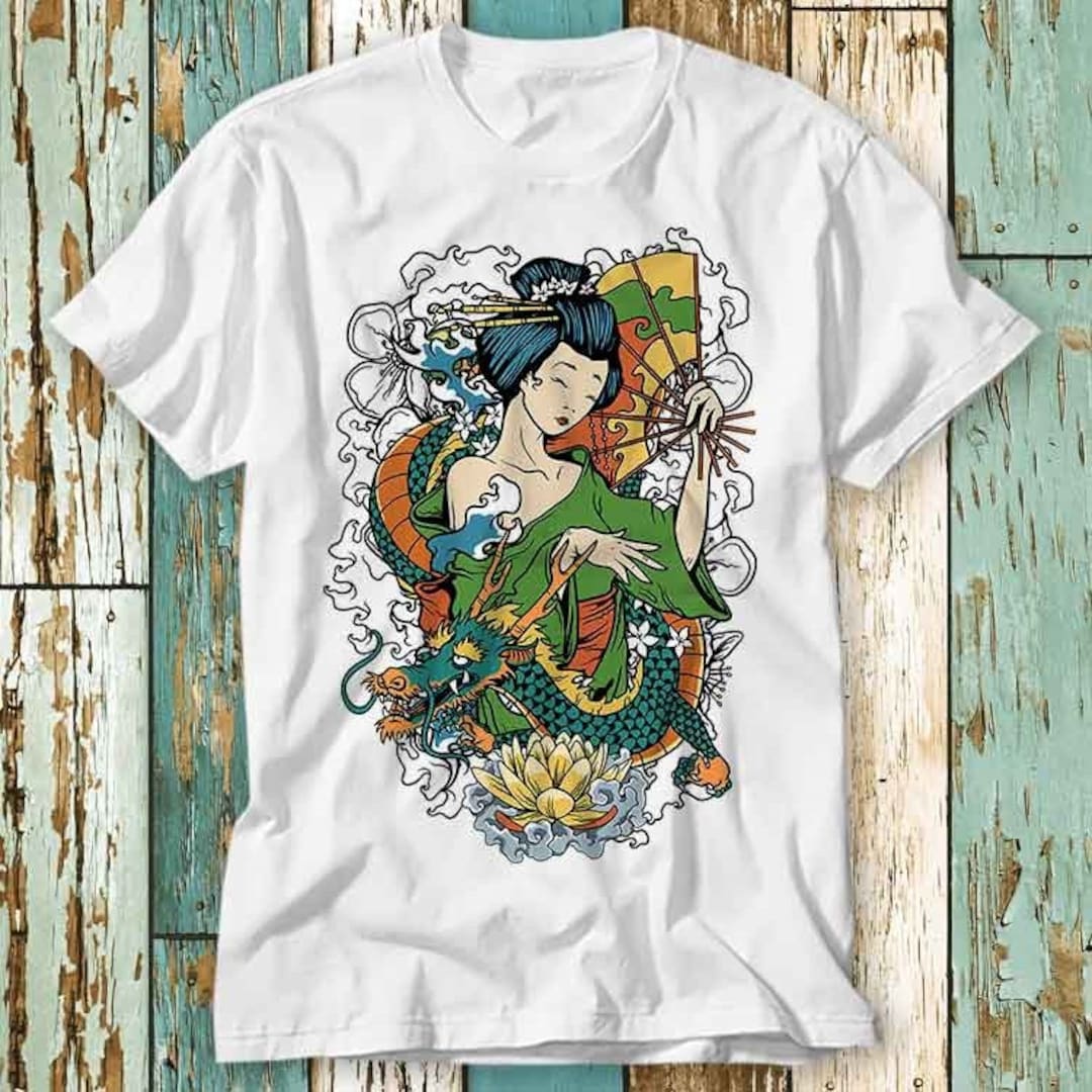 Geisha Tokyo Japan Japanese Art Dragon Flowers T Shirt Top Design