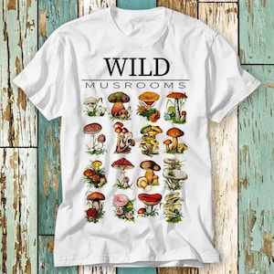 Mushroom Champignons Mycology Antique Botanical Herbology Plants Fungi Foraging T Shirt Top Design Unisex Ladies Mens Tee Retro Vintage S803