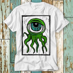 Eyeball Octopus Monster Groen Houtsnede T Shirt Top Design Unisex Dames Heren Tee Retro Mode Vintage Shirt S891