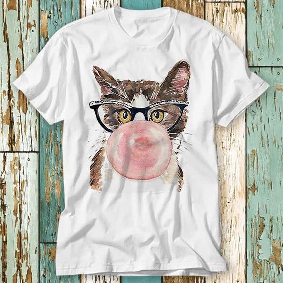 Cat with Gum Art T Shirt Top Design Unisex Ladies Mens Tee Retro Fashion  Vintage Shirt S814