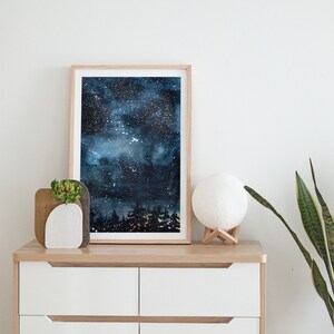 CIELO NOCTURNO MÁGICO acuarela imprimible. Cartel caprichoso del cielo estrellado. Arte moderno de decoración de paredes. Impresión de descarga digital.