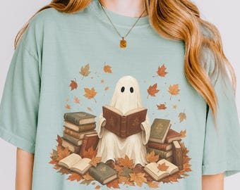 Fall reading ghost Comfort colors shirt, Ghost Reading Book TShirt, Halloween Bookish Shirt, Ghost Shirt, Book Lover Gift, Spooky Fall Shirt