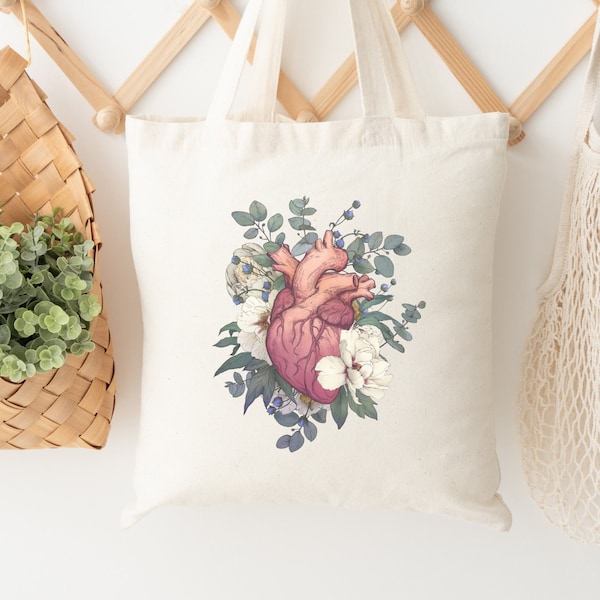 Floral Heart Anatomy Tote Bag, Flower Heart Tote, Floral Heart bag, Flower Tote, Human Anatomy Heart Tote, Medical Student Gift, Nurse Gift