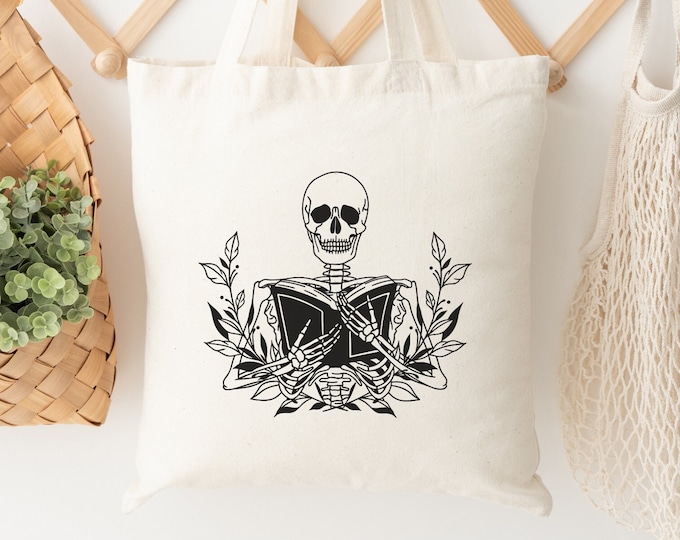 Skeleton Reader tote bag, Bookish tote bag, Book tote bag, Gift for reader, Gift for Book Lover, Bookworm tote, Readers' Tote, Library Tote