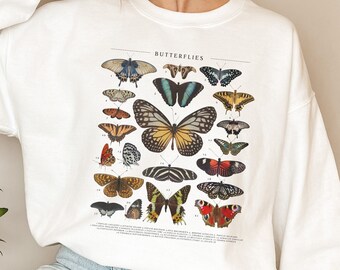 May include: White sweatshirt with a graphic print of a vintage butterfly illustration. The print features a variety of colorful butterflies with the word "Butterflies" at the top.