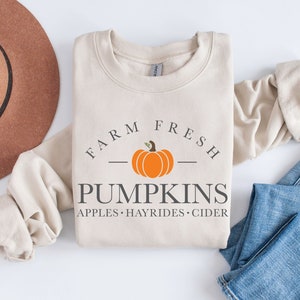 Könnte beinhalten: Ein beiger Pullover mit dem Text "FARM FRESH PUMPKINS APPLES - HAYRIDES - CIDER" und einer kleinen orangefarbenen Kürbisgrafik.