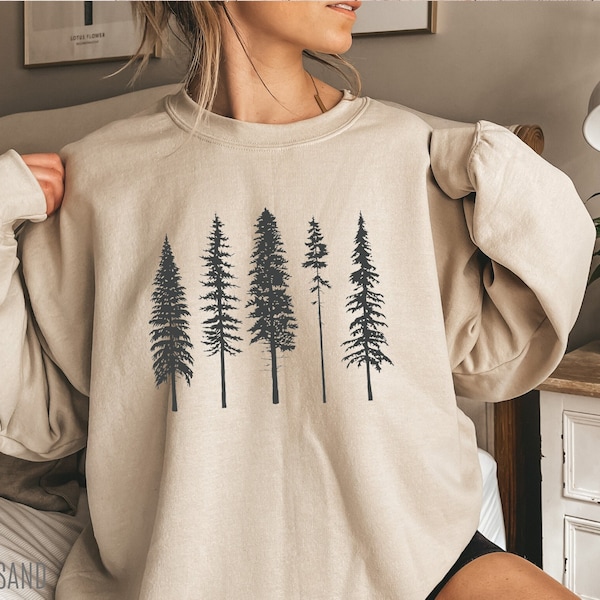 Sweat-shirt pin, arbres à feuilles persistantes, sweat-shirt forêt, pull arbres, cadeau pour les amoureux de la nature, sweat-shirt camping, chemise de randonnée,