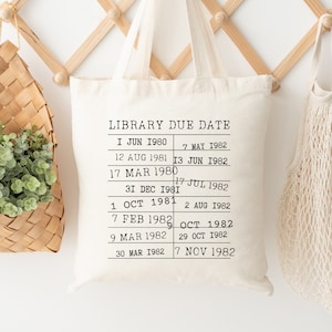 May include: A white canvas tote bag with black text that reads "LIBRARY DUE DATE" and a list of dates from 1980 to 1982. The bag is hanging on a wooden wall rack.