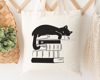 Sac fourre-tout chat et livre, sac fourre-tout livresque, sac fourre-tout livre, sac fourre-tout en toile chat, cadeau d'amant de chat, cadeau d'amant de livre, sac de livre de chat, sac fourre-tout de lecture