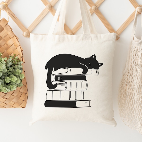 Cat and Book Tote Bag, Bookish tote bag, Book tote bag, Canvas Cat tote bag, Cat lover gift, Book lover gift, cat book bag, Reading tote bag