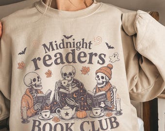 Midnight readers book club Sweatshirt, Halloween Sweatshirt, Skeleton Reading Sweatshirt, Gift for Book Lover, Bookworm Gift, Bookish Gift