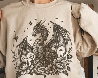 Floral dragon Sweatshirt, Dragon Fantasy T-Shirt, Botanical Dragon Crewneck, Dark Academia Gift, Dragon Lover Gift, Cottagecore Book Reader