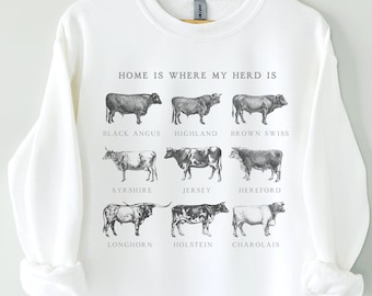 Kuh Sweatshirt, Western Crewneck, Vintage Sweatshirt, Rinder Sweatshirt, Cow Breeds Pullover, Cow Print Sweatshirt, Cowgirl Shirt