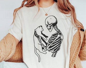 Skeleton and Cat Shirt, Skeleton Cat TShirt, Skeleton Shirt, Gift for Cat Lover, Halloween Cat, Ghost Cat, Funny Cat Tshirt, Skeleton Tshirt