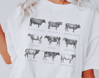 Cow Breeds Shirt, Cow Print Tee, Farm Girl Cow Shirt, Cowgirl Shirt, Vintage Western Wear, Cow Lover Gift, Farm Animal, Bull Cottagecore Tee