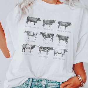 Puede incluir: Camiseta blanca con una ilustraci&oacute;n detallada de nueve razas de vacas diferentes, incluyendo Black Angus, Highland y Jersey. Los nombres de cada raza est&aacute;n impresos debajo de las ilustraciones. La palabra "WHITE" est&aacute; impresa en la parte inferior izquierda.