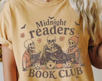 Midnight readers book club Comfort colors shirt, Skeleton Reading Shirt, Bookish Halloween Shirt, Spooky Season Tee, Fall Skeleton Shirt
