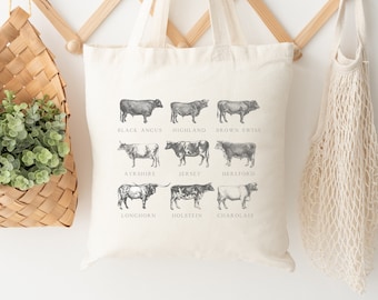Bolsa de asas de razas de vaca, regalo de amante de la vaca, regalo para granjero, papá granjero, mamá vaca, vida de granja, vaca de las tierras altas, regalo de vaca, bolsa de animales de granja, impresión de vaca