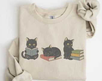 Vintage cats reading Sweatshirt, Cats and books Sweatshirt, Bookish Sweatshirt, Black Cat Lover Gift, Bookworm Sweater, Reader Cat Mom Gift