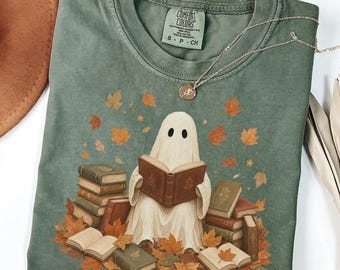 Fall reading ghost Comfort colors shirt, Ghost Reading Book TShirt, Halloween Bookish Shirt, Ghost Shirt, Book Lover Gift, Spooky Fall Shirt