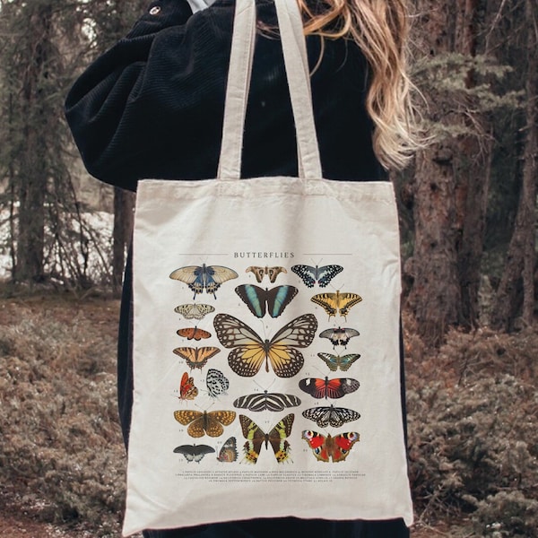 Butterflies Tote bag, Butterfly Gift, Butterfly Chart, Monarch Butterfly Lover Gift, Cottagecore Bag, Vintage Butterfly Tote Bag, Book Bag