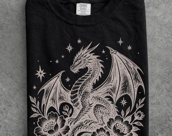 Floral dragon Comfort colors shirt, Dragon Fantasy T-Shirt, Botanical Dragon T-Shirt, Dark Academia Gift, Dragon Lover Gift for Book Reader