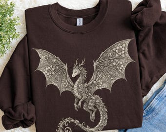 Floral Dragon Sweatshirt, Dragon Crewneck, Fantasy Lover Sweatshirt, Botanical Dragon Sweater, Dragon Lover Shirt, Dark Academia Gift