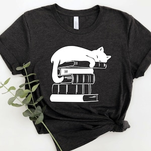 Cat Book Shirt, Books and Cats Tshirt, Reading Shirt, Cat Lover, Gift for Cat Lover, Gift for Book Lovers, Book, Bookish Tshirt, Cat on book Dark Grey Heather