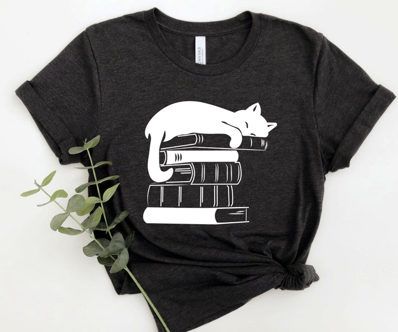 Cat Book Shirt, Books and Cats Tshirt, Reading Shirt, Cat Lover, Gift for Cat Lover, Gift for Book Lovers, Book, Bookish Tshirt, Cat on book Dark Grey Heather