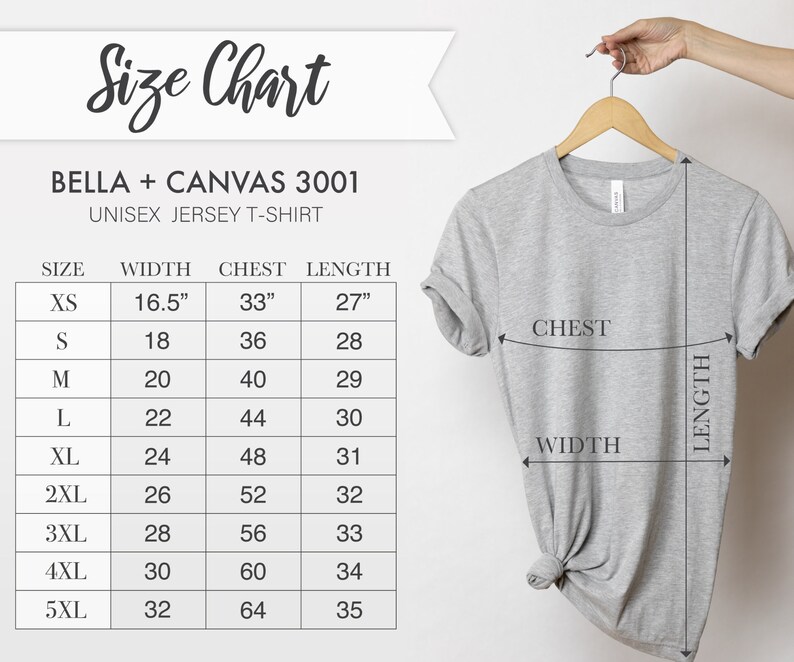 K&ouml;nnte beinhalten: Gr&ouml;&szlig;entabelle f&uuml;r Bella + Canvas 3001 Unisex-Jersey-T-Shirts. Die Tabelle zeigt die Ma&szlig;e in Zoll f&uuml;r Breite, Brustumfang und L&auml;nge f&uuml;r die Gr&ouml;&szlig;en XS bis 5XL.