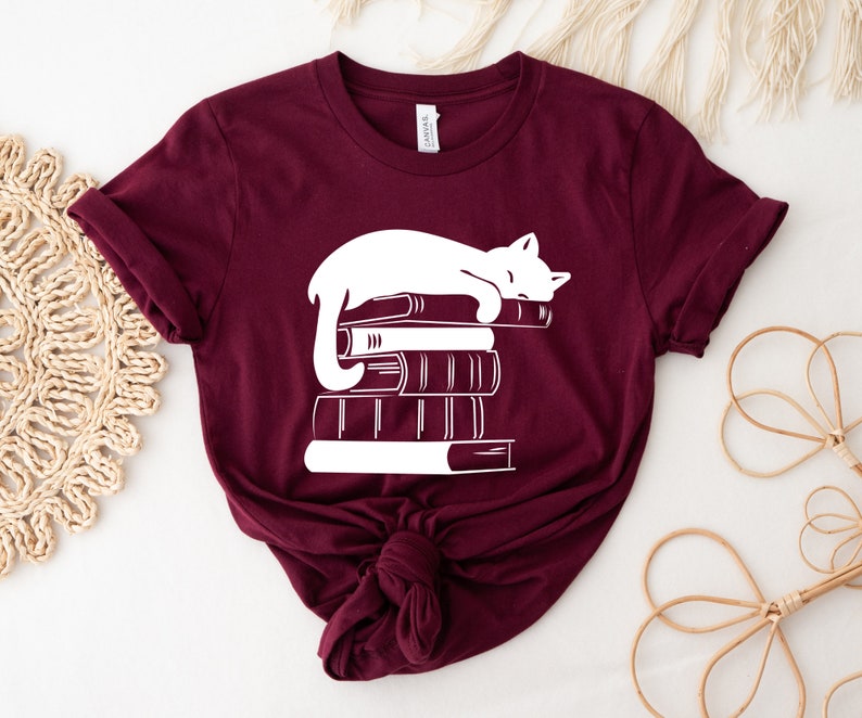 Cat Book Shirt, Books and Cats Tshirt, Reading Shirt, Cat Lover, Gift for Cat Lover, Gift for Book Lovers, Book, Bookish Tshirt, Cat on book Maroon