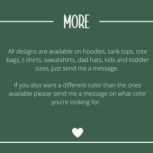 Puede incluir: Un gr&aacute;fico rectangular verde oscuro con un borde blanco y un icono de coraz&oacute;n blanco en la parte inferior. El texto dice: MORE. Todos los dise&ntilde;os est&aacute;n disponibles en sudaderas, camisetas sin mangas, bolsos, camisetas y gorras de b&eacute;isbol.