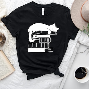 Cat Book Shirt, Books and Cats Tshirt, Reading Shirt, Cat Lover, Gift for Cat Lover, Gift for Book Lovers, Book, Bookish Tshirt, Cat on book Black