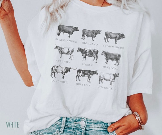 Cow Breeds Shirt, Cow Print Tee, Farm Girl Cow Shirt, Cowgirl Shirt, Vintage Western Wear, Cow Lover Gift, Farm Animal, Bull Cottagecore Tee