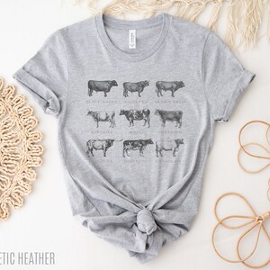 Puede incluir: Camiseta gris jaspeado con una ilustraci&oacute;n detallada de varias razas de vacas, incluyendo Black Angus, Highland y Brown Swiss. El dise&ntilde;o de la camiseta incluye los nombres de cada raza. El texto "ATHLETIC HEATHER" est&aacute; en la parte inferior.