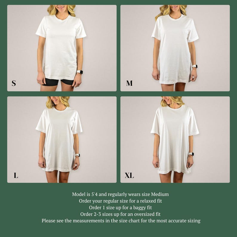 May include: A white short-sleeve t-shirt shown in four sizes labeled S, M, L, and XL. The shirt features a crew neckline and a straight hem. Text below the images states the model is 5'4" and provides sizing guidance for relaxed, baggy, or oversized fits.