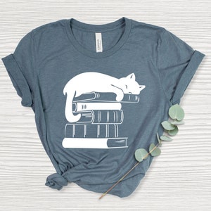 Cat Book Shirt, Books and Cats Tshirt, Reading Shirt, Cat Lover, Gift for Cat Lover, Gift for Book Lovers, Book, Bookish Tshirt, Cat on book Heather Slate