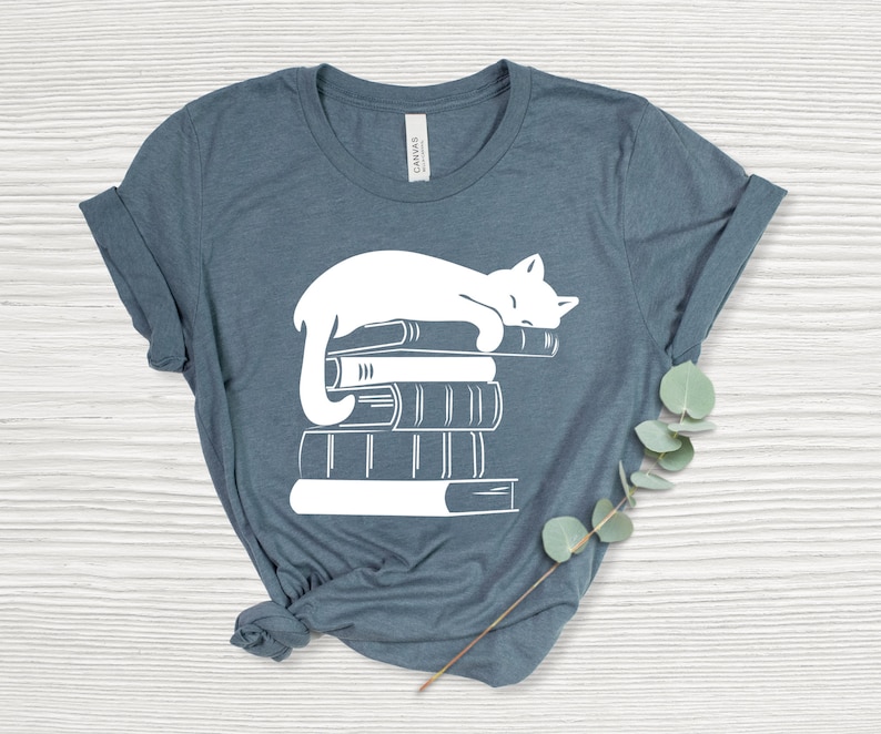 Cat Book Shirt, Books and Cats Tshirt, Reading Shirt, Cat Lover, Gift for Cat Lover, Gift for Book Lovers, Book, Bookish Tshirt, Cat on book Heather Slate