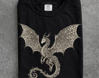 Floral Dragon Comfort colors shirt, Floral Dragon Shirt, Botanical Fantasy T-Shirt, Dark Academia Gift, Cottagecore Dragon Tee, Dragon Lover