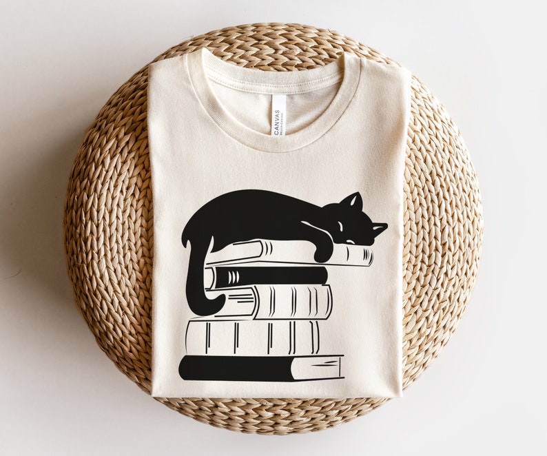 Cat Book Shirt, Books and Cats Tshirt, Reading Shirt, Cat Lover, Gift for Cat Lover, Gift for Book Lovers, Book, Bookish Tshirt, Cat on book Natural