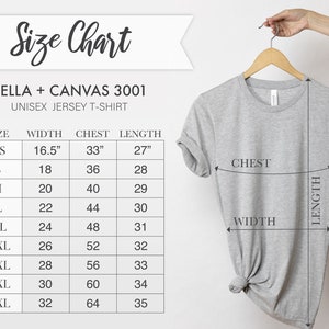 May include: Size chart for Bella + Canvas 3001 unisex jersey t-shirts. The chart shows measurements in inches for width, chest, and length for sizes XS to 5XL.
