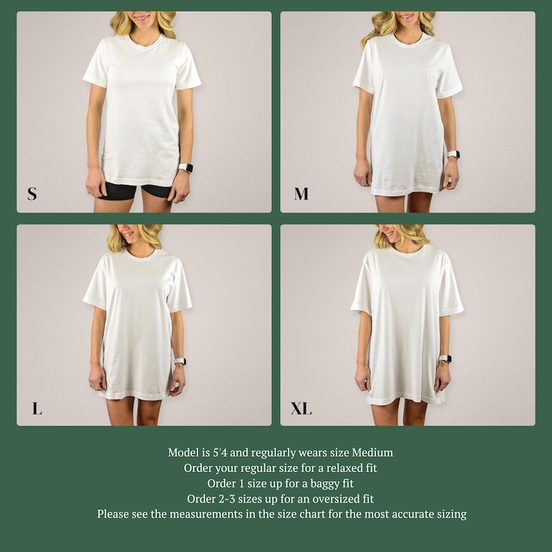 May include: A plain white short-sleeve t-shirt shown in four sizes labeled S, M, L, and XL. The text states the model is 5'4" and wears size Medium, advising to order regular size for relaxed fit, one size up for baggy, or 2-3 sizes for oversized.