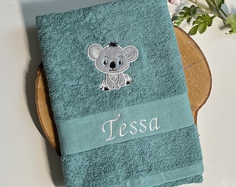 Towel with embroidered koala appliqué and name, towel for children