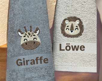 Safari animal embroidered towel, guest towel with name, various colors