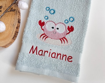 Towel embroidered with name & crab, personalized gifts