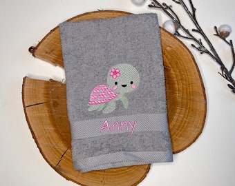 Towel embroidered with name & turtle, sea creatures