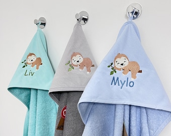 XXL hooded bath towel sloth/name embroidered, 100 x 100 cm